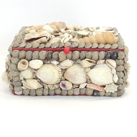 Vtg Seashell Jewelry Trinket Box Chest Sailor Valentine Nautical Handmade 6.5” - Picture 1 of 14